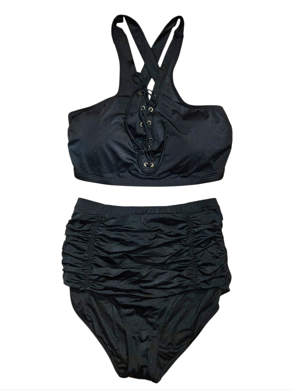 Swimsuits For All Black Grommet Lace-Up Corset Bikini Top & Ruched Bottoms 20